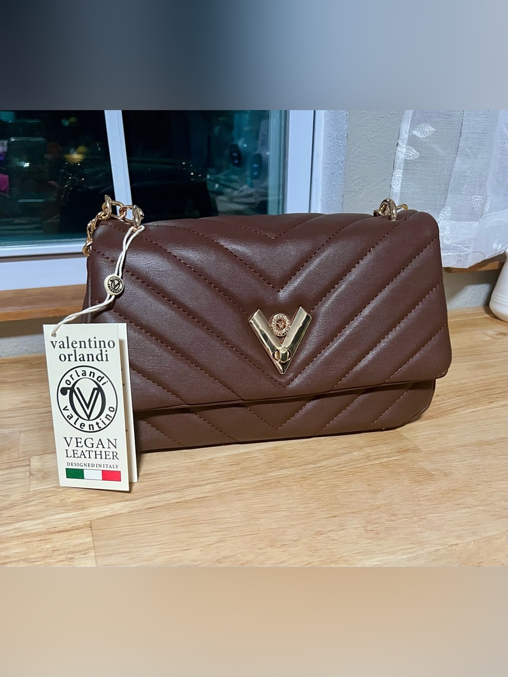 Valentino Orlandi Brown Quilted Shoulder Bag with Gold V Detail